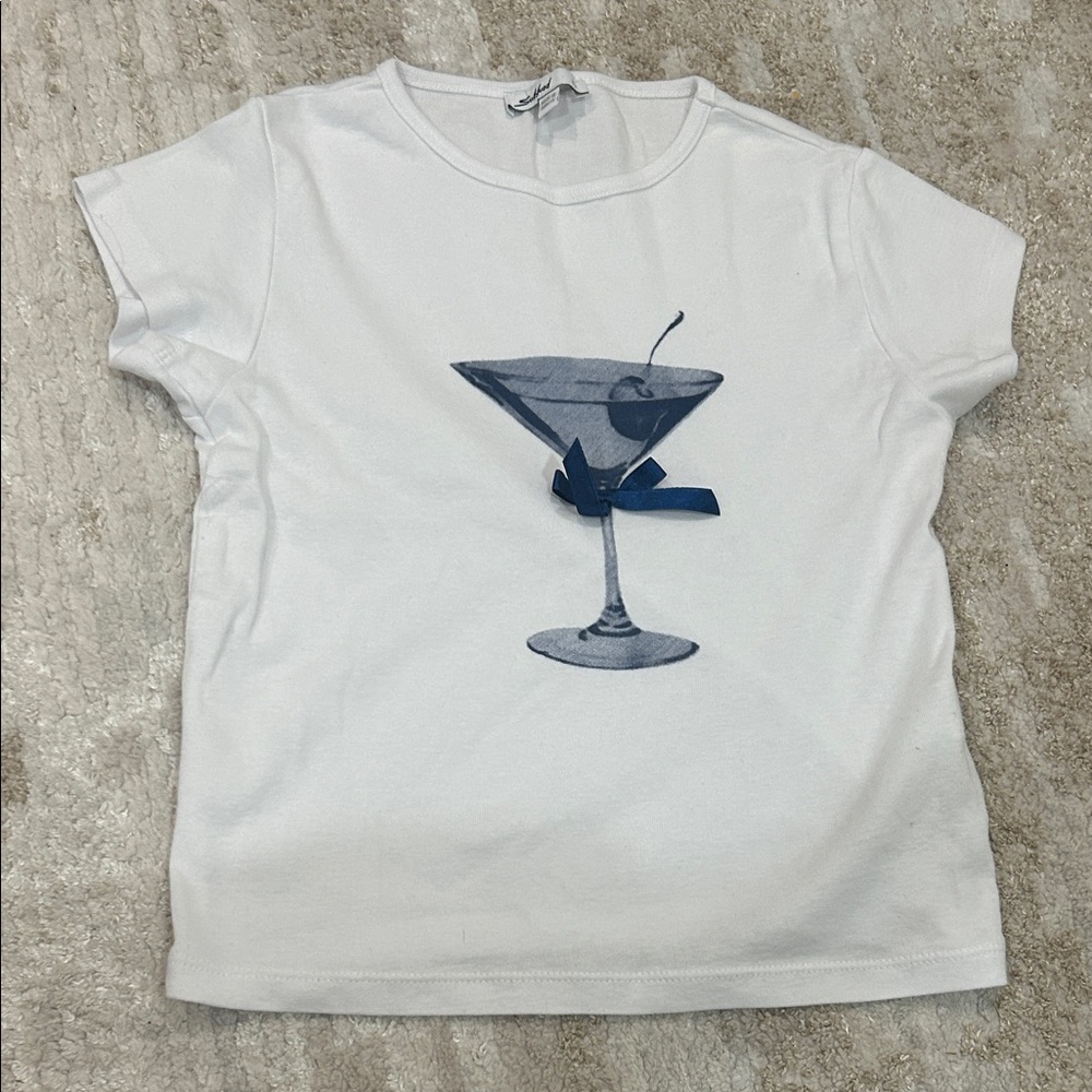 White Crop Top with Blue Martini Graphic
